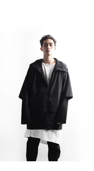 

men's trench coats windbreaker high street style handsome casual loose layered double hood zipper hooded coat large size top, Tan;black