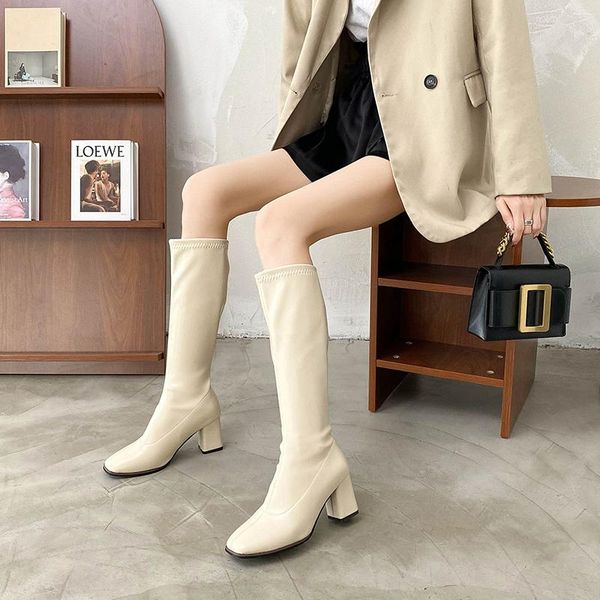 

boots faux leather women knee high pointed toe long chunky block heel black apricot brown