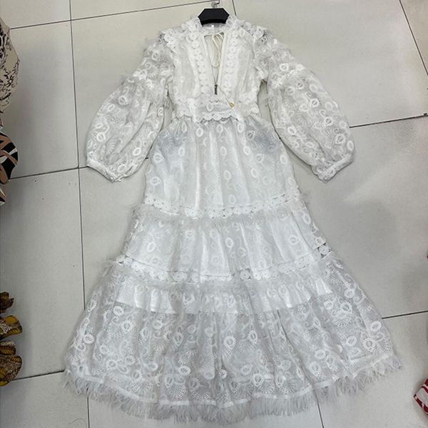 

casual dresses 2021 fashion designer dress women lantern sleeve v-neck hollow out embroidery white apricot holiday, Black;gray