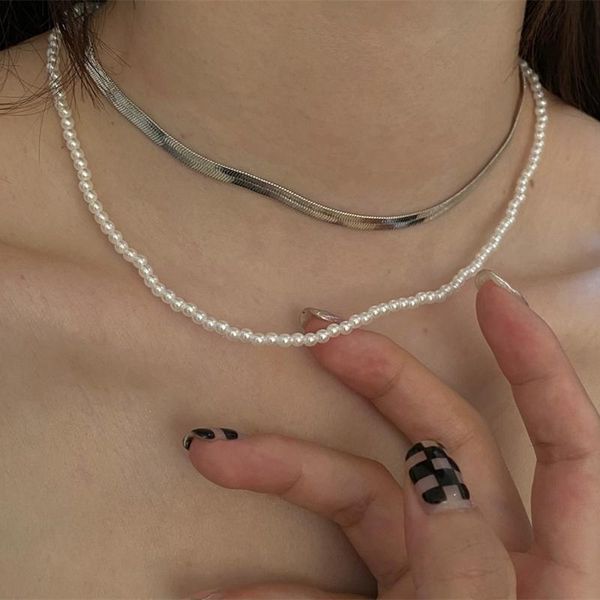 

chains 2021 kpop trend double layer silver color clavicle chain pearl beaded snake necklace for women aesthetic jewelry