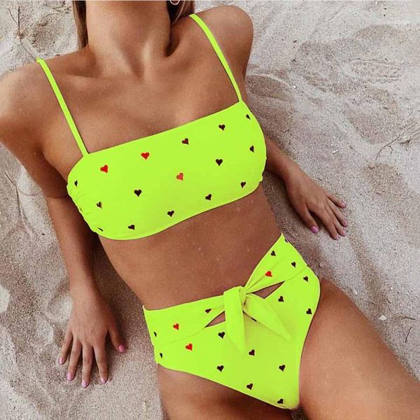 

women floral print swimsuit high waist bikinis bow bandage tube bathing suit solid summer swimwear female beachwear1, White;black