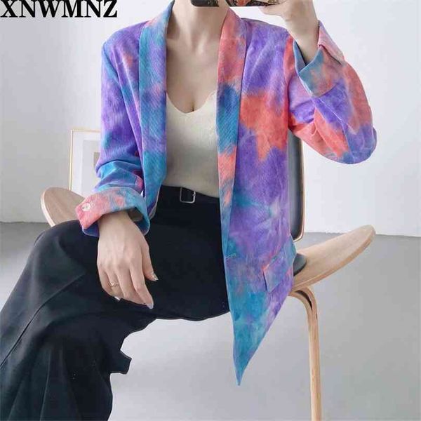 

women fashion single button tie-dye blazer coat vintage long sleeve pockets female outerwear chic 210520, White;black