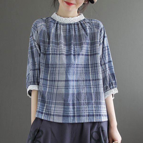 

johnature retro plaid lace stand half sleeve fashion all-match pullover shirt autumn cotton linen comfortable women 210521, White