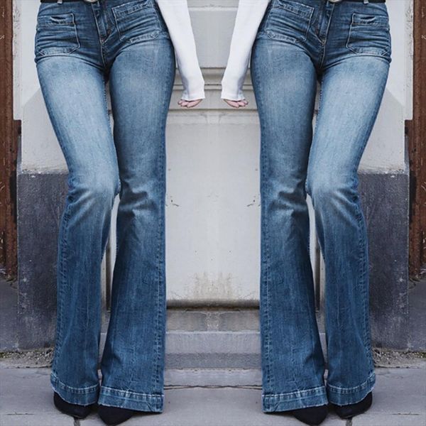 

pants autumn elastic plus loose womens jean denim pocket casual boot cut pant, Blue