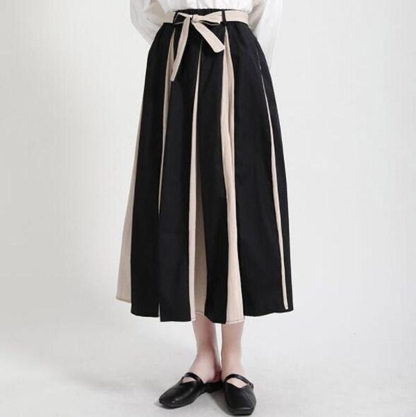 

skirts cultiseed women high waist lacing up bow color patchwork pleated clothes female ladies fashion holiday casual gowns, Black