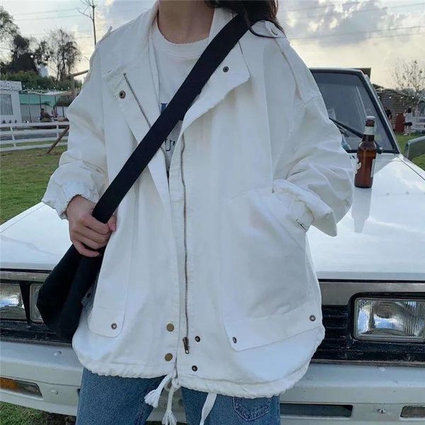 

women's jackets korean solid color jacket female autumn vintage harajuku long-sleeved zipper coat streetwear punk oversized cargo outer, Black;brown