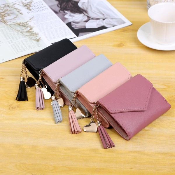 

wallets ladies wallet women short three-fold tassel pendant large capacity card package coin purse, Red;black