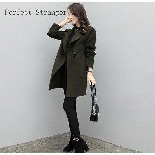 

women's wool & blends autumn lace-up belted bandage long cardigan winter sleeve solid outwear women casual turn-down collar simple coa, Black