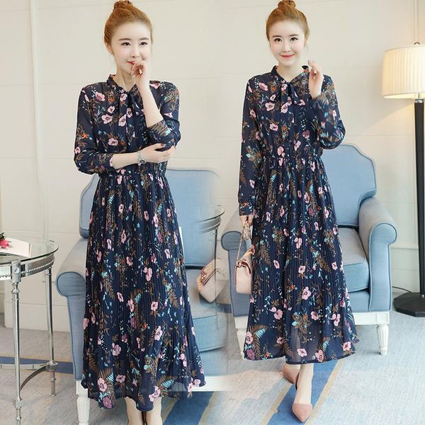 

casual dresses 2021 spring women dress bow print with pleated long 6001, Black;gray