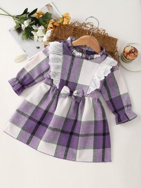 

toddler girls plaid print eyelet embroidery flounce sleeve wool-mix dress she, Red;yellow