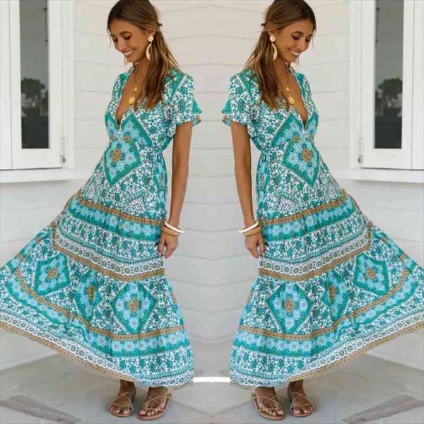 

maxi floral summer boho v-neck women dress elastic waist belt long, Black;gray