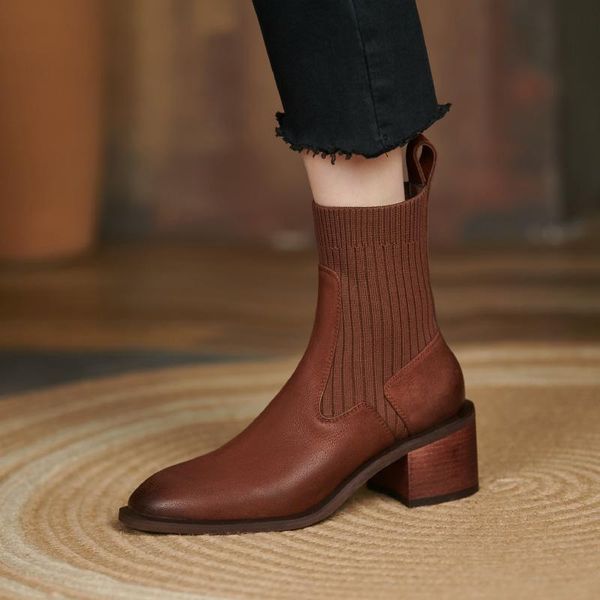 

boots women ankle natural leather 22-26cm cow upper +flying knitted shoes vintage thick-heeled wool short, Black