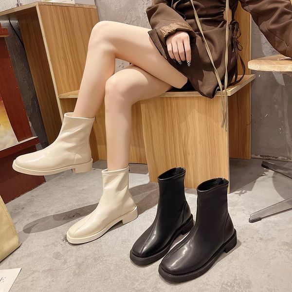 

boots zipper med heel shoes boots-women luxury designer autumn ankle 2021 flat ladies fashion rubber rock square toe basic rome, Black