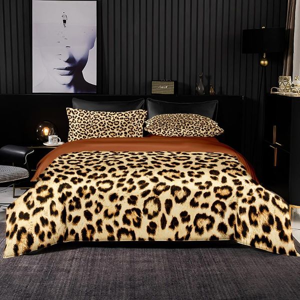 Conjuntos de cama Leopard padrão conjunto de edredão 260x220 com fronha, capa de colcha 245x210, lençóis de cama de casal de luxo