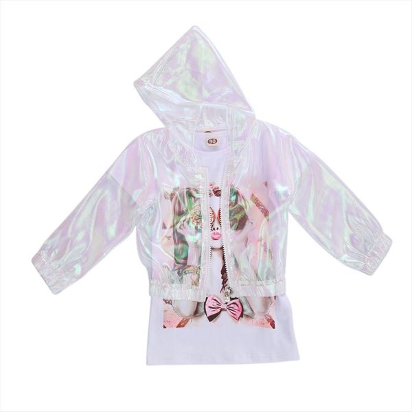 

18month 9years kids baby girl clothes fashion print long shirt shift dress laser coat longsleeve hooded pearl zipper jacket, White