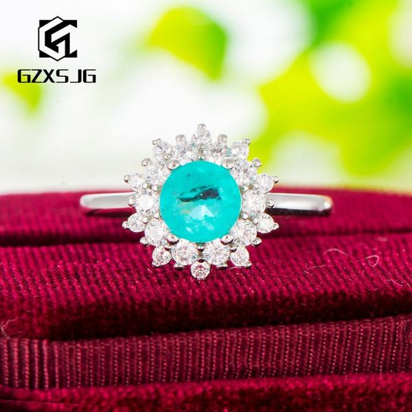 

cluster rings gz paraiba tourmaline gemstone ring for women solid 925 sterling silver round 0.8 ct stone handmade engagement promise, Golden;silver