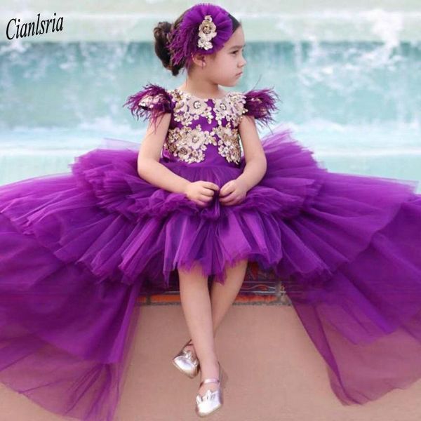 

girl's dresses purple o-neck cap sleeve feathers high/low flower girl dress gold appliques tiered skirt pageant birthday party, Red;yellow