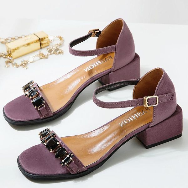 

sandals 2021 ankle strap buckle crystal open toe ladies block heel fashion summer high heels thick bottom women p88, Black