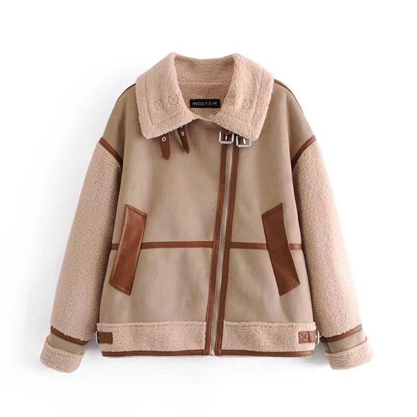 

women's jackets women autumn winter warm woolen patchwork jacket coat female tyrn down collar zipper front pocket chic casual loose cas, Black;brown
