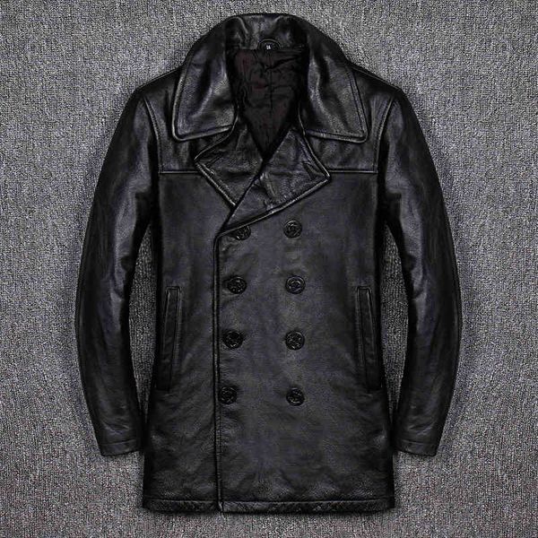 

men's leather & faux genuine jacket men business plus cotton casual slim fit windbreaker cowhide long winter coat 1qv1, Black