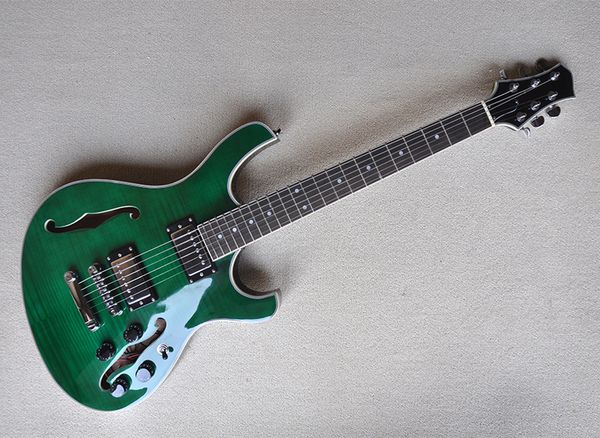 

green semi hollow electric guitar with flame maple veneer,rosewood fretboard