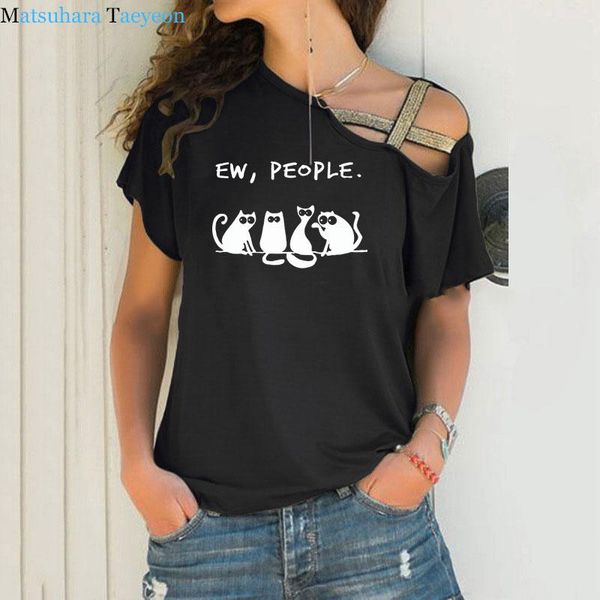 

women's t-shirt summer fashion women cotton plus size casual short sleeve ladies cute cartoon cat print irregular bandage t shirts, White