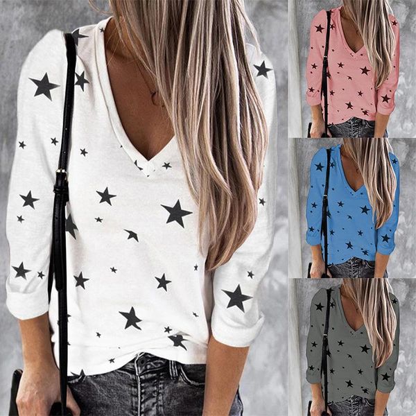 

women's t-shirt women casual basic autumn winter star tee shirt v-neck plus size s~5xl, White