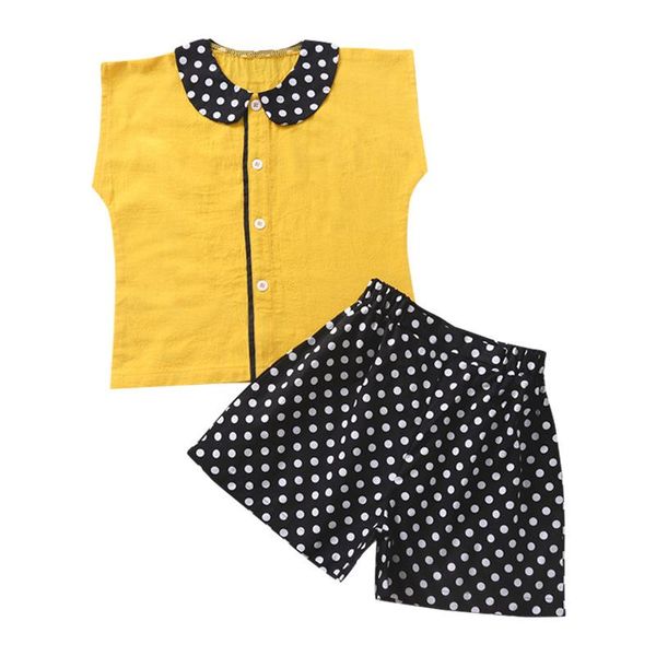 

clothing sets summer toddler kids girls set suits mustard shirt + polka dot short pants 2pcs, White