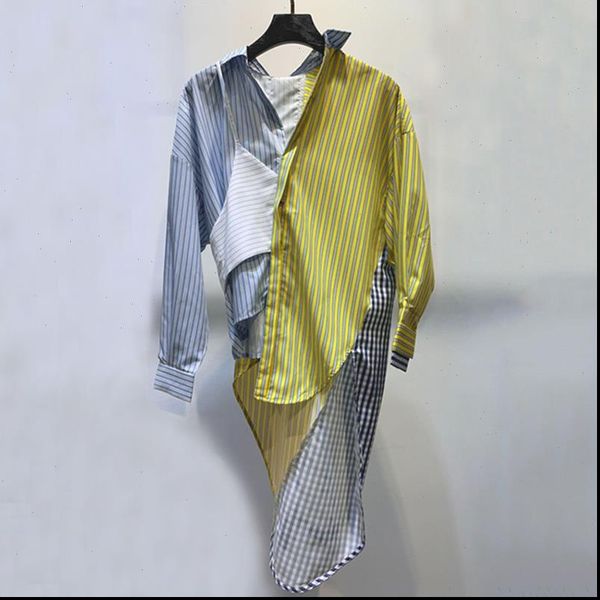 

[ewq] korea womens shirt loose patchwork women lapel collar long sleeve hit color striped blouse for female fashion clothes, White