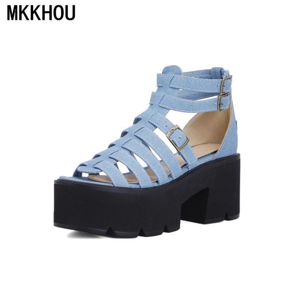 

fashion sandals women summer shoes denim platform thick heel 7.5cm high heels open large size 35-43, Black