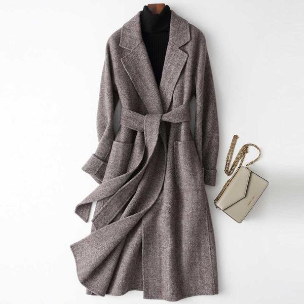 

women woolen coat elegant turn down collar long dark gray design winter warm casaco feminino women's wool & blends, Black