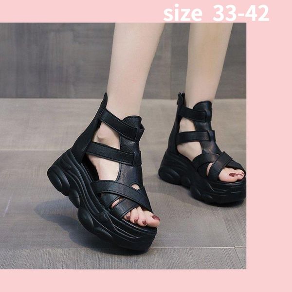 

sandals 2021 summer high-heeled roman female retro cowhide hollow wedge high-thick-soled fish mouth, Black