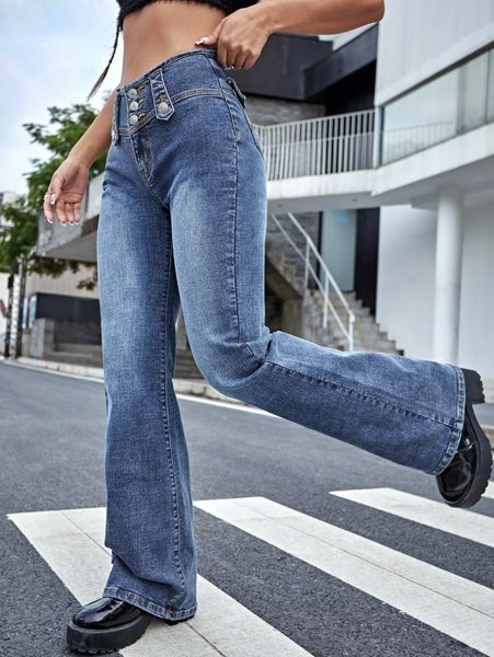 

buttoned waistband flap pocket back jeans v5h0#, Blue