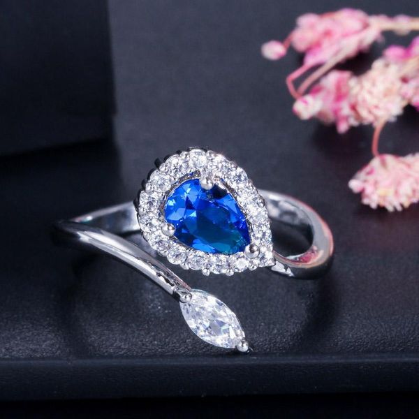 

wedding rings fashion large water drop blue pink green zircon ring for women opening resizable engagement party club cz stone, Slivery;golden