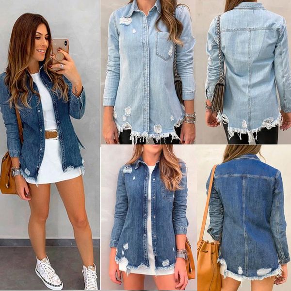 

women's jackets womail jacket coat women vintage basic denim winter hole jeans loose fit casual korea kpop overcoat, Black;brown