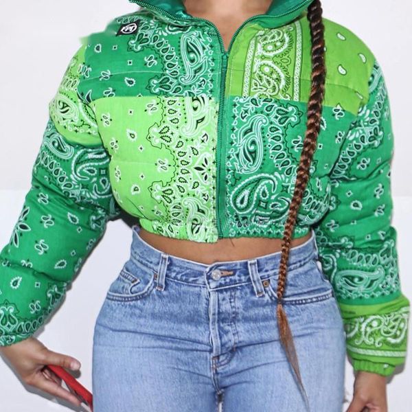 

women's jackets green print y2k long sleeve crop coat jacket women casual autumn winter 2021 bubble turtleneck short parkas, Black;brown