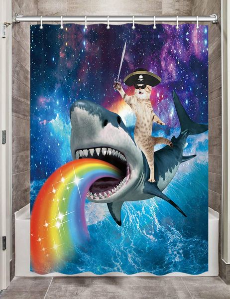 

funny pirate cat rv shower curtains, cool cat riding shark in universe galaxy stall bathroom bath curtain set, ocean wave