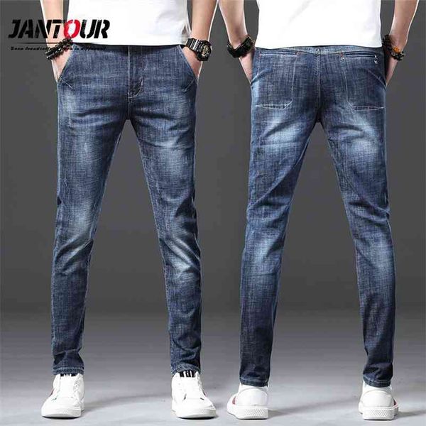 

jantour fashion brand european american style stretch men jeans luxury men's denim trousers slim straight deep blue mens 210331