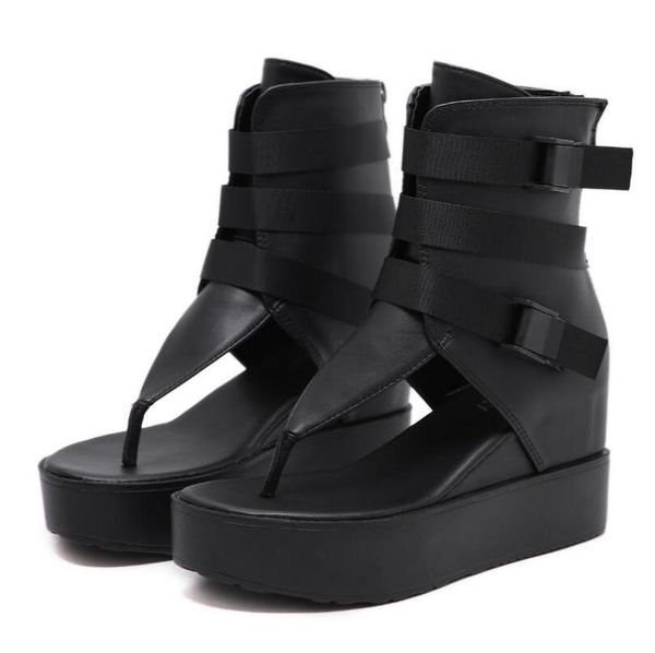 

platform flip flops women beach sandals ankle strap wedges shoes for summer black leather vintage european american zip