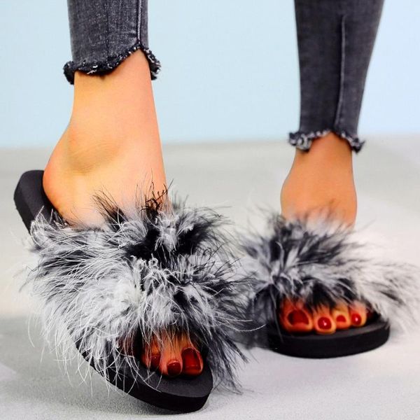 

slippers fashion beach low heel women ostrich feather slip-on open toe flat colorful slipper shoes hair, Black
