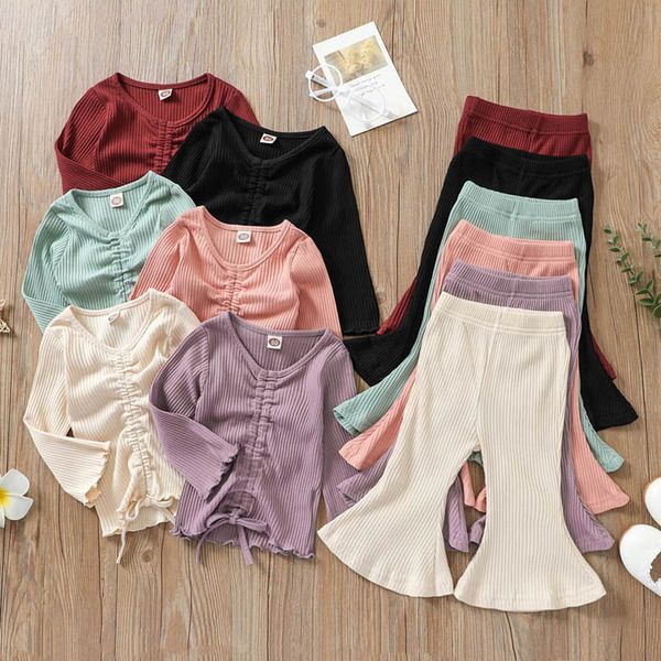 

kids clothing sets girls outfits baby clothes children wear suits long sleeve t-shirts flared trousers pants 2pcs suit b7480, White