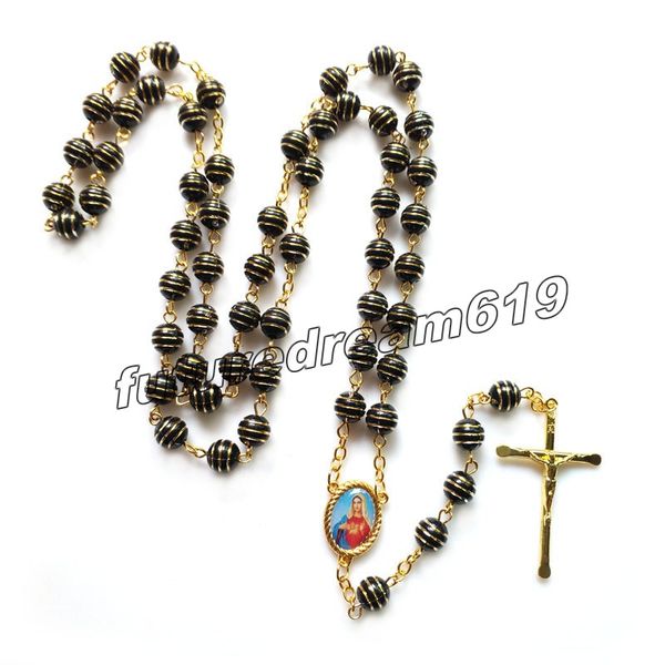 Ouro jesus cruz rosary colar preto listra plástica grânulos costa pingente colar jóias religiosas