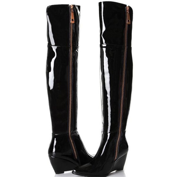 

women wedges genuine leather pointed toe side zipper autumn winter fashion over the knee boots plus size 41-45 5t39, Black