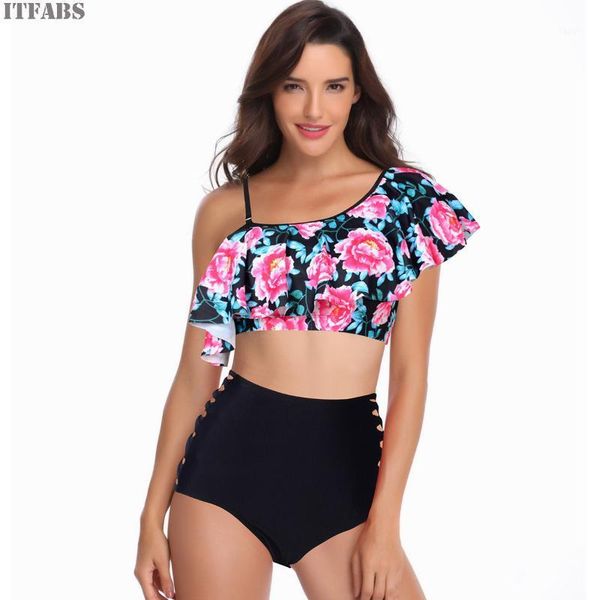 

women's swimwear 2021 one shoulder flower bikni set high wasit women push up padded swimsuit bathing suit summer beachwear, White;black
