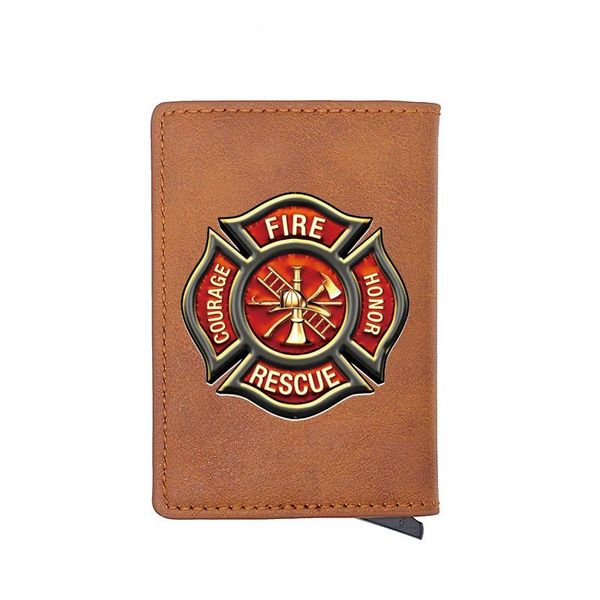 

card holders personality rfid holder wallet men classic fire rescue courage honor leather male purses, Brown;gray