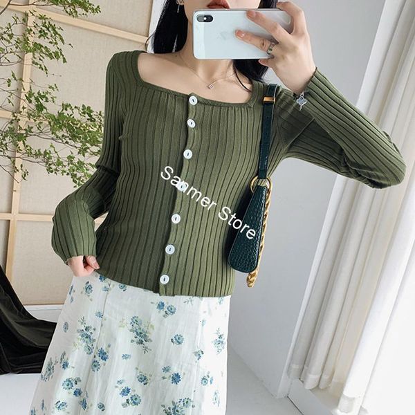 

sweaters square collar sweater women's long sleeve slim stretch single breasted knitwear short cardigan early autumn, White;black