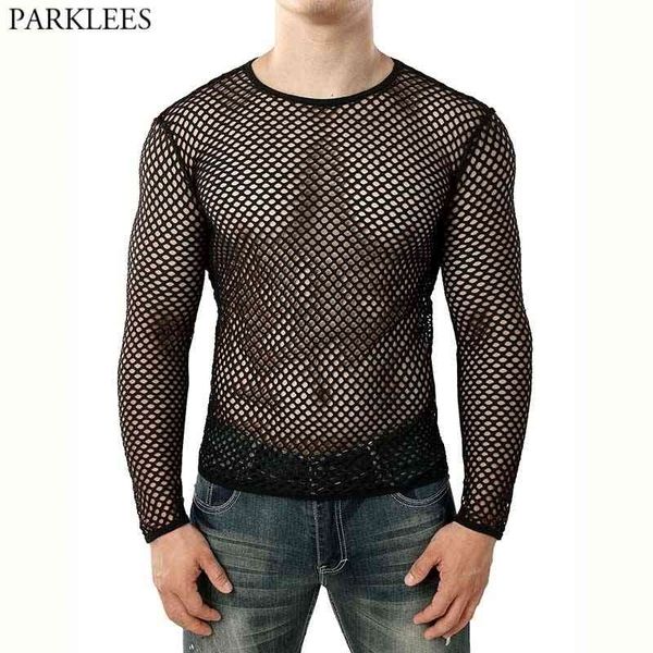 

mens transparent mesh t shirt see through fishnet long sleeve muscle undershirts nightclub party perform tees 210522, White;black