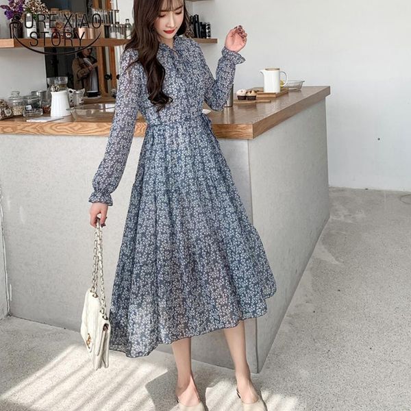 

casual dresses 2021 spring vintage floral print long sleeve flare party dress women chiffon stand collar mid-calf midi, Black;gray