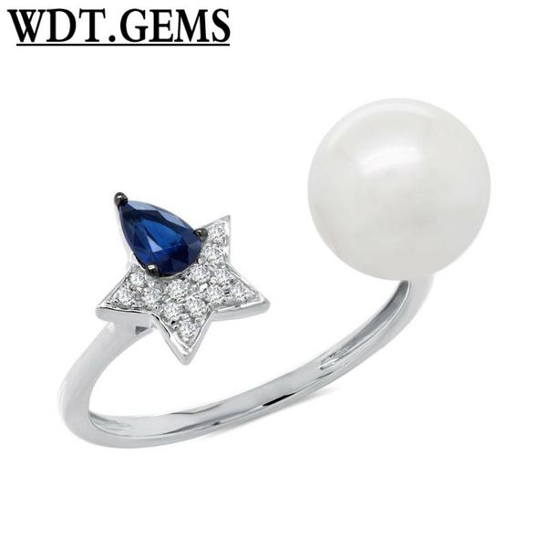 

0.38 tcw 10k rose gold natural fresh water pearl blue sapphire diamond star ring cluster rings, Golden;silver
