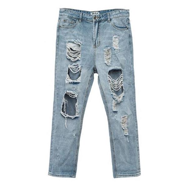 

men's jeans korean version of summer beggar hole do old straight fashion casual personality slim jiufen pants mens, Blue